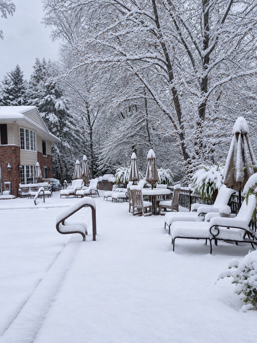 Snow covered patio and outdoor furniture before winter protection